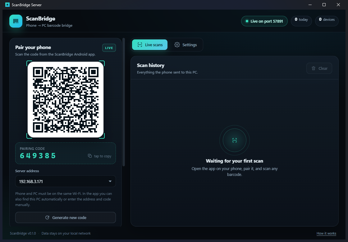 ScanBridge desktop app with QR pairing and scan history